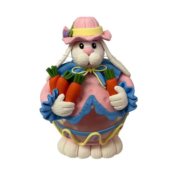 Easter Bunny Rabbit Glass Ball Polymer Clay White Pink Flowers Figure Décor 8" - Picture 3 of 13